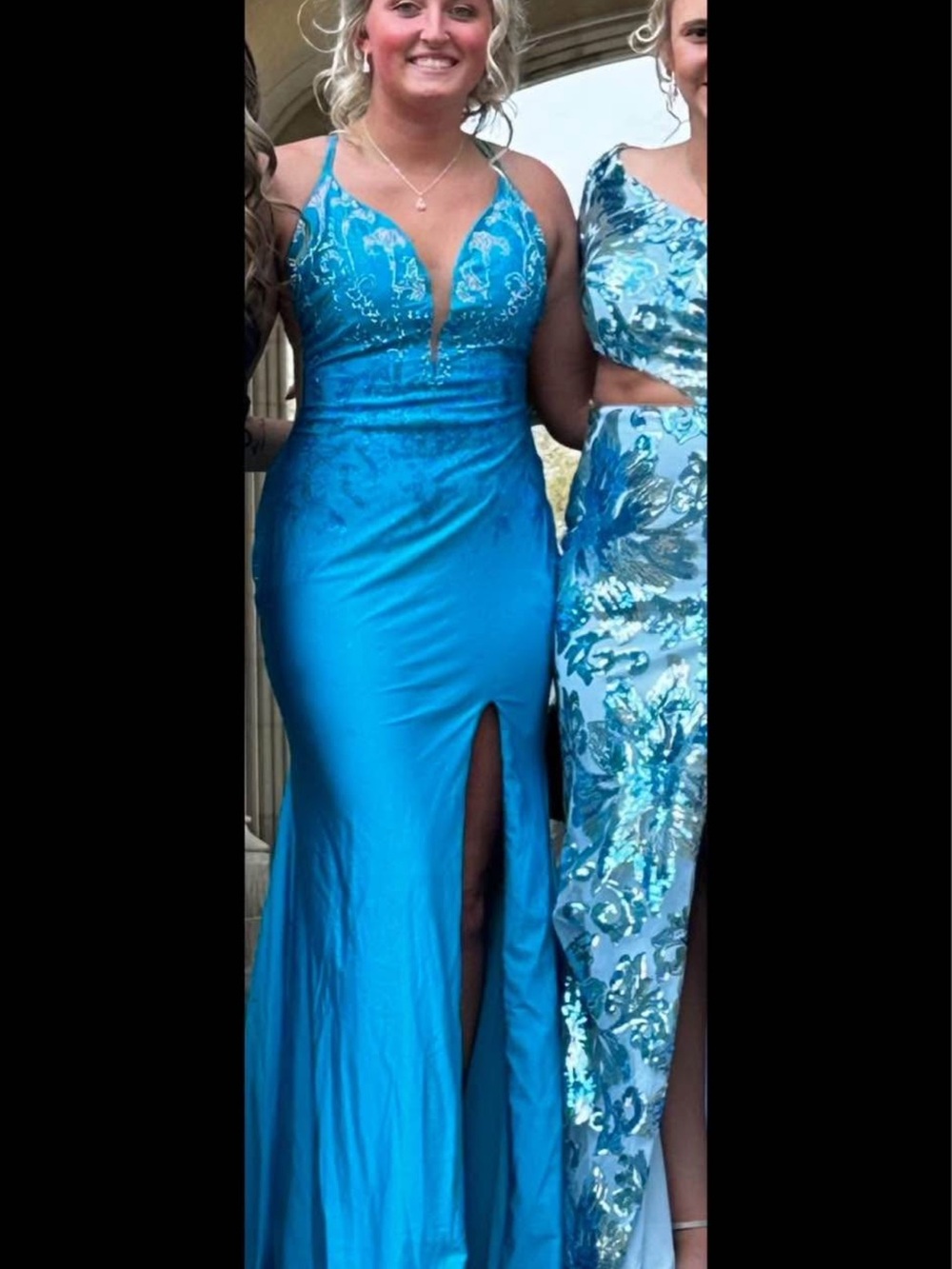 Teal Formal Spaghetti-Strap Prom Dress with Front Slit